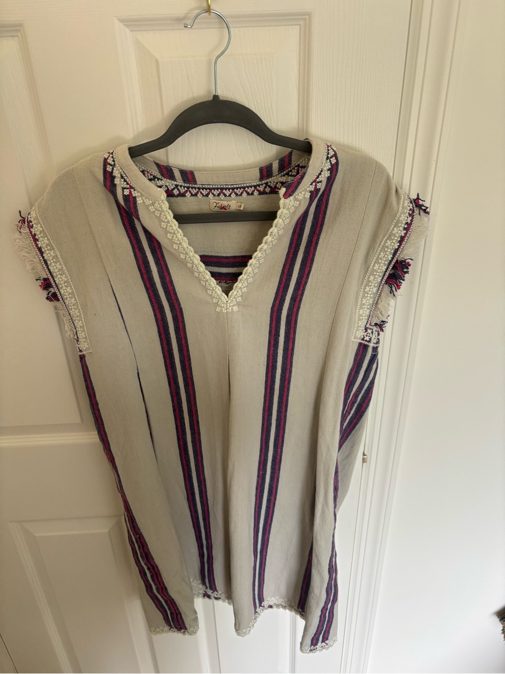 Faherty Boho Striped V-Neck Tunic Top - Cream with Pink & Blue Stripes